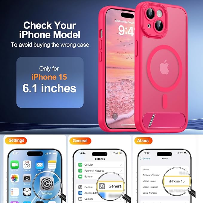 Magnetic Compatible with iPhone 15 Case, [Built-in Invisible Kickstand][Compatible with MagSafe][Full Camera Protection] Translucent Matte Phone Case for iPhone 15 6.1" Hot Pink
