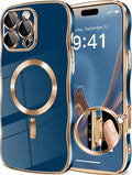 GVIEWIN for iPhone 16 Pro Case Compatible with MagSafe, Upgraded [Full Camera Protection][Cute Wave Frame][Military Grade Protection] Electroplated Soft Phone Cover for Women Girl, Blue
