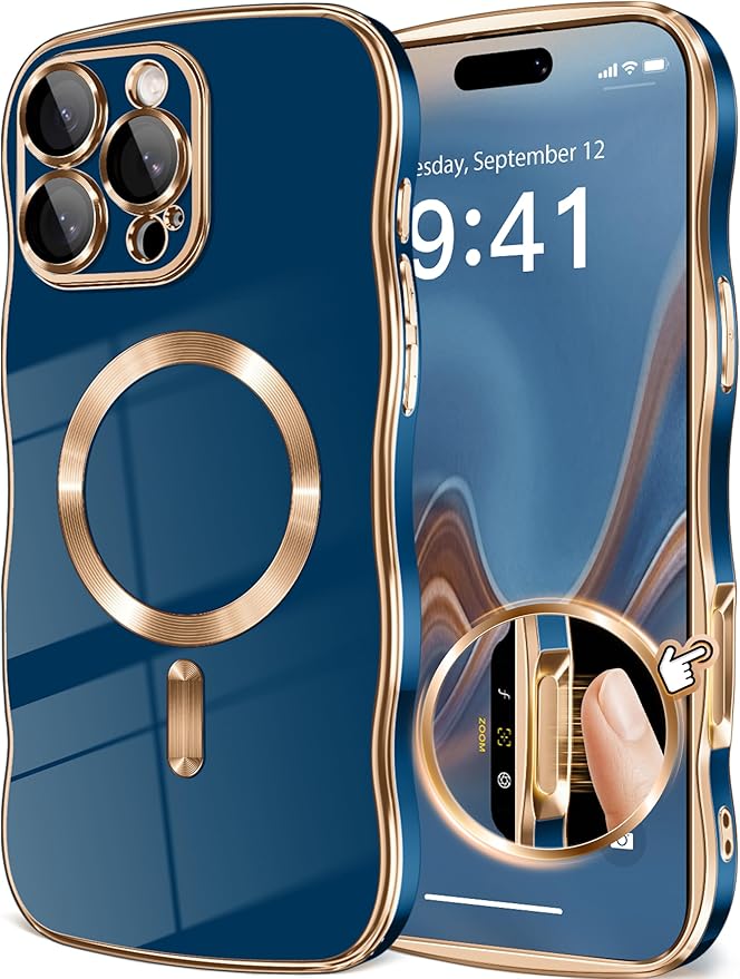 GVIEWIN for iPhone 16 Pro Case Compatible with MagSafe, Upgraded [Full Camera Protection][Cute Wave Frame][Military Grade Protection] Electroplated Soft Phone Cover for Women Girl, Blue