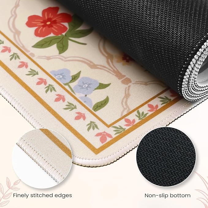 iCasso Floral Desk Pad Mat, Large Mouse Pad, Desk Matt for Desktop, Anti-Slip XXL Big Mousepad with Stitched Edges for Computer Keyboard (Beige Moroccan)