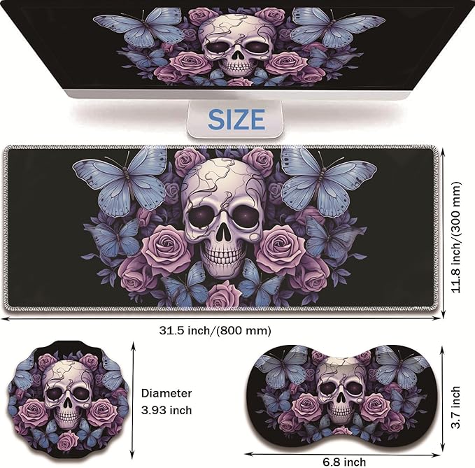Extended Non-Slip Mouse Pad + Mouse Wrist Rest + Lace-Shaped Coaster Set, Ergonomic Design, Suitable for Desk and Home Gaming Table Mat, Skull Butterfly Roses