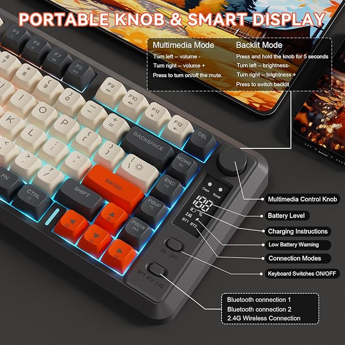 ZIYOU LANG M75 Wireless Gaming Keyboard, RGB Backlit Rechargeable 2000mAh Battery, Small Membrane But Mechanical Feel Keyboard with Smart Display & Knob, PBT Gradient keycaps for PC, MAC - Shimmer