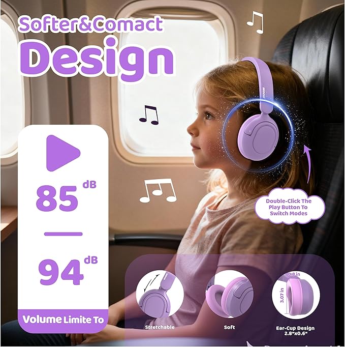 MIDOLA Kids Bluetooth Headphones Active Noise Cancelling Lightweight Wireless Headphone for Kid Volume Limited 85/94dB Foldable Over-Ear with Mic,68 Hours Playtime,for Toddler Child Lavender Purple