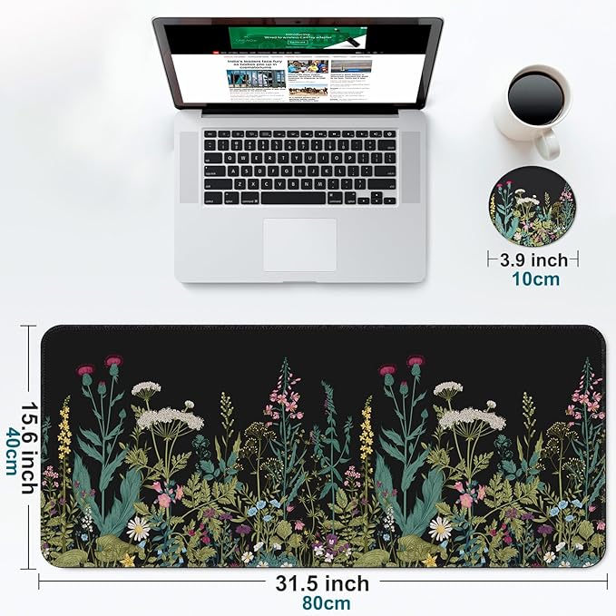 Large Gaming Mouse Pad with Coaster, Desk Matt for Desktop, Desk Pad, Mouse Pads Mat, Stitched Edges Big Extended Mousepad for Computer Keyboard Laptop Office Decor, 31.5'' x15.6''-Little Flowers
