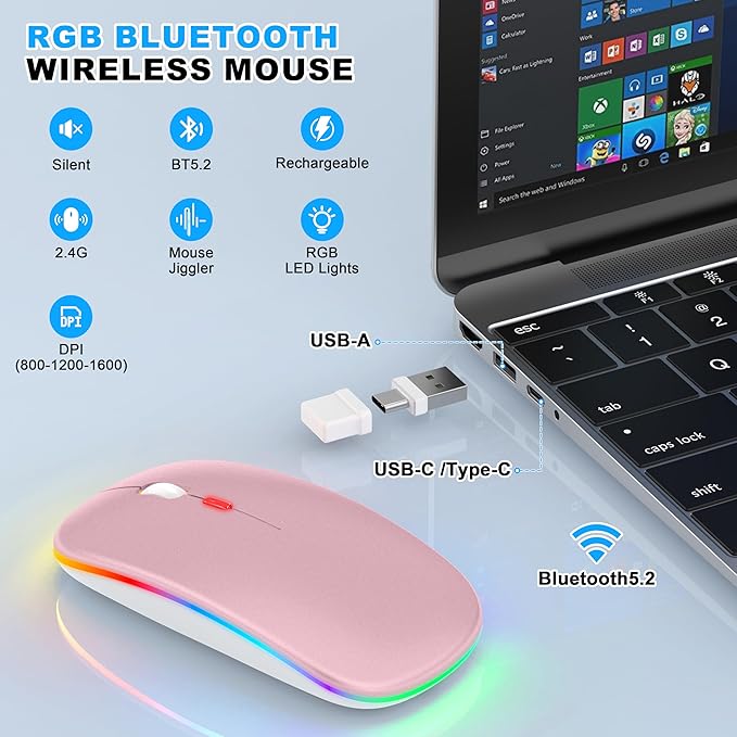LED Bluetooth Wireless Mouse for MacBook Air Mac Pro Laptop iPad –Rechargeable Silent Light-Up Optical Mouse with Jiggler Dual Mode BT5.2 & USB-A/USB-C for Students, Kids, Girls, Boys – Rose Gold