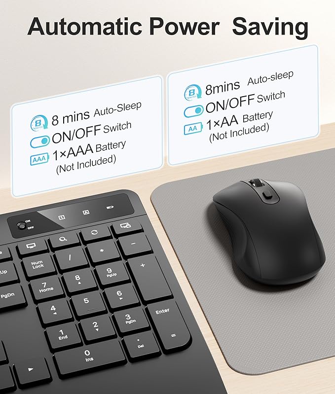 Quiet Wireless Keyboard and Mouse Combo – 3-Level DPI Silent Mouse, Full-Size Ergonomic Wrist Rest, 2.4GHz Plug-and-Play, Multimedia Hotkeys for Windows Computer/Laptop, Black