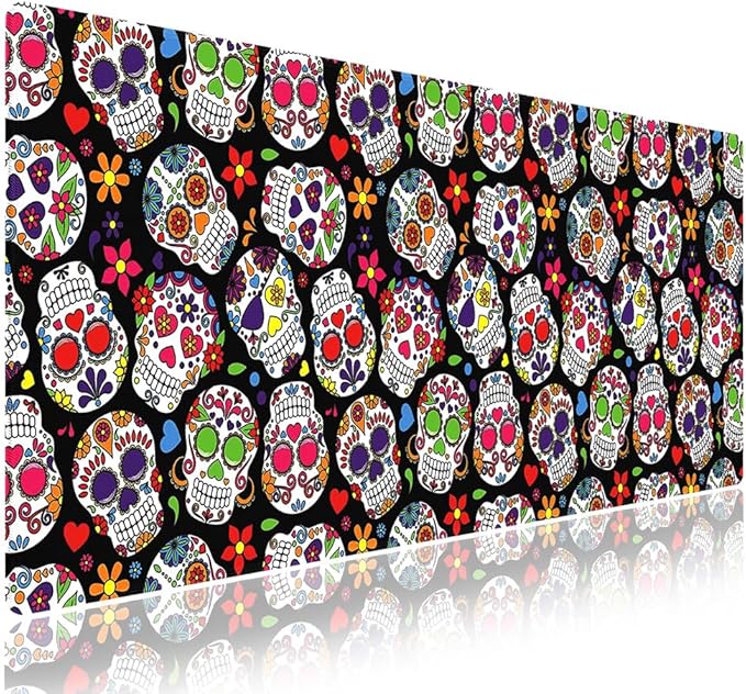XXL Gaming Mouse Pad with Stitched Edges for Home & Office - Colorful Sugar Skull Abstract Seamless Floral Day of The Dead Design, Smooth Cloth Surface Anti-Slip Rubber Base Large Desk Mat