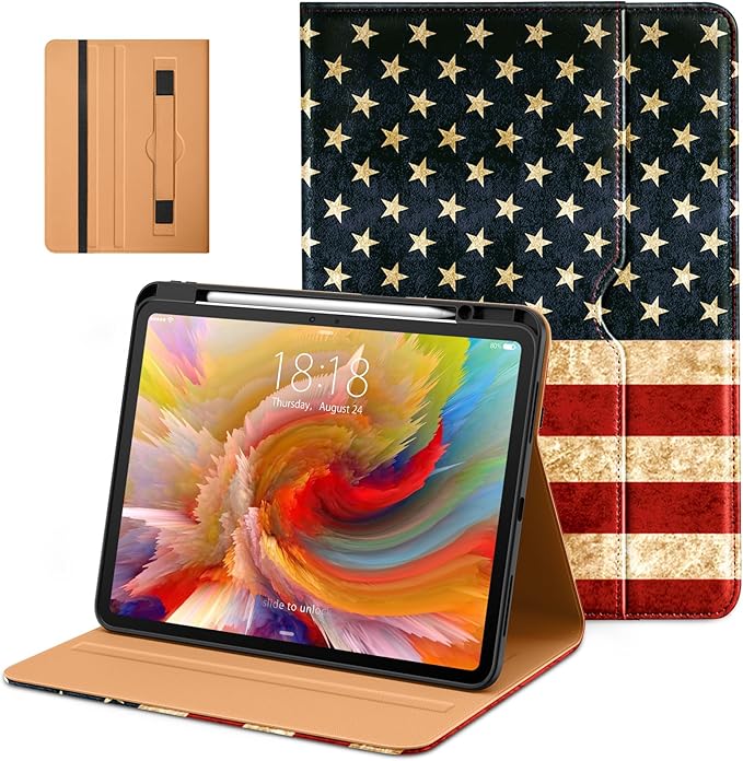 DTTO for iPad Pro 13 inch Case (M5/M4) 2025/2024, Premium Leather Business Folio Stand Cover with Pencil Holder - Auto Wake/Sleep & Multiple Viewing Angles, Built in Hand Strap & Pocket, US Flag