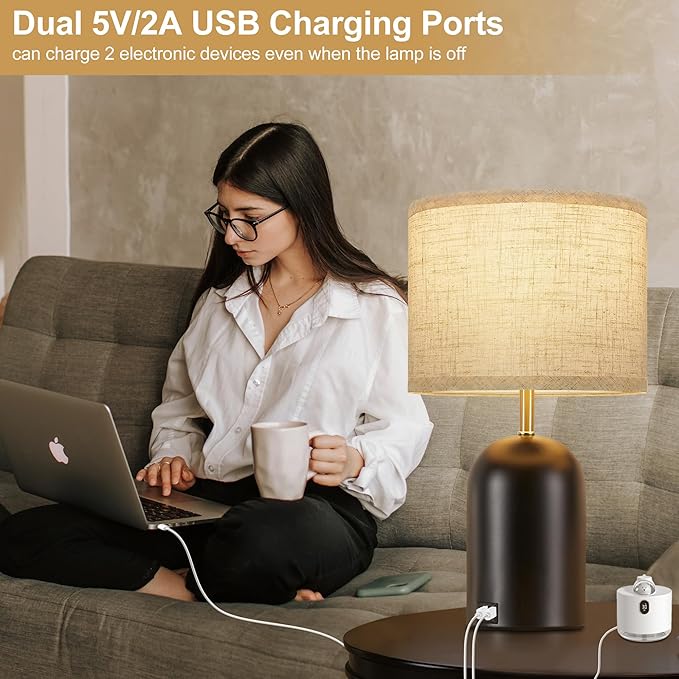GyroVu Bedside Lamps with USB C+A Charging Ports, Table Lamp Touch Control Dimmable Modern Lamp for Bedroom Lamps for Night Stands with Fabric Shade for Living Room Office Dorm (LED Bulbs Included)