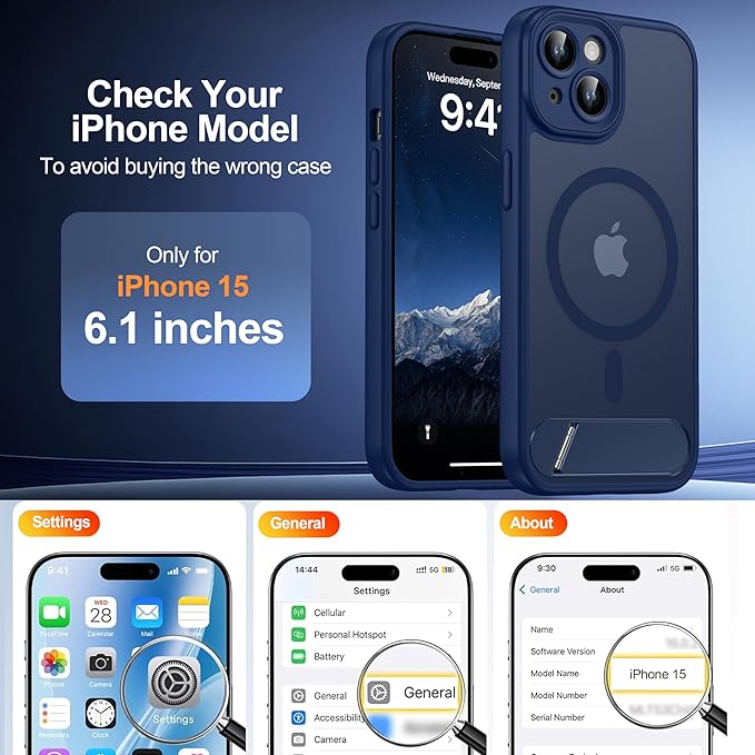 Magnetic Compatible with iPhone 15 Case, [Built-in Invisible Kickstand][Compatible with MagSafe][Full Camera Protection] Translucent Matte Phone Case for iPhone 15 6.1",Blue