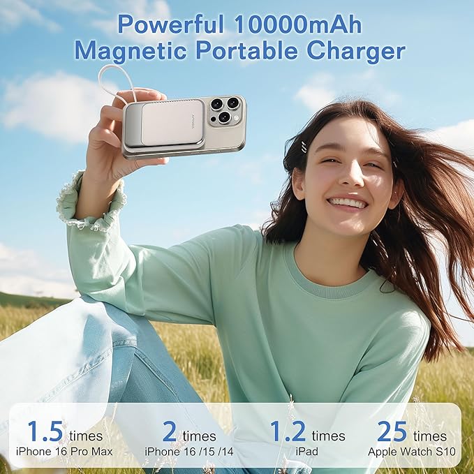 Magnetic Power Bank 10000mAh, Wireless Portable Charger with 15W Max Fast Charging & Built-in USB-C Cable, 22.5W PD LED Display Battery Pack Compatible with iPhone 17/16/15, Samsung Galaxy(white)