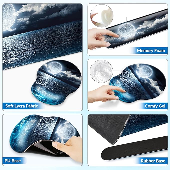 Desk Mat Set + Keyboard and Mouse Pad with Wrist Rest Support,4-in-1 Large Mousepad Computer Mats for Desktop Home & Office-Night Moon