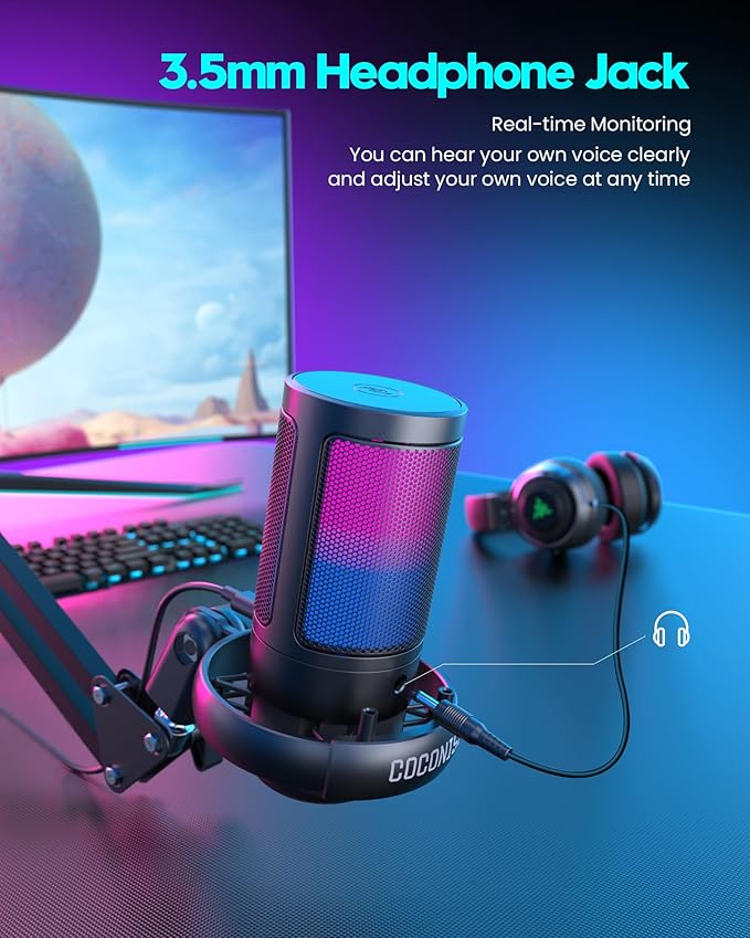COCONISE Gaming Microphone, USB PC Mic for Podcasts Videos, Streaming, Condenser Mic with Quick Mute, Tripod Stand, Pop Filter, RGB Indicator, Shock Mount, Rotate gain button, Compatible with PS4/5/PC
