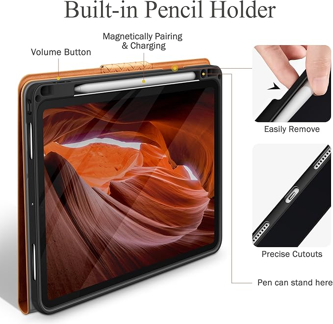auaua Case for iPad Pro 11 Inch (M5/M4) 2025/2024, PU Leather Case with Pencil Holder, Supports Pencil Pro and Pencil(USB-C), Adjustable Angles, Auto Sleep/Wake (Brown)