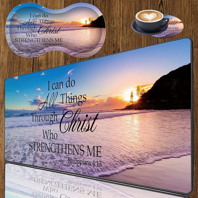 3 Piece Mouse Pad Set with Stitched Edge Large Anti-Slip Mouse Pad Desk Pad Keyboard Pad + Wrist Rest Pad + Coaster, Memory Foam Wrist Rest for Office/Home, Bible Verse Philippians 4-13
