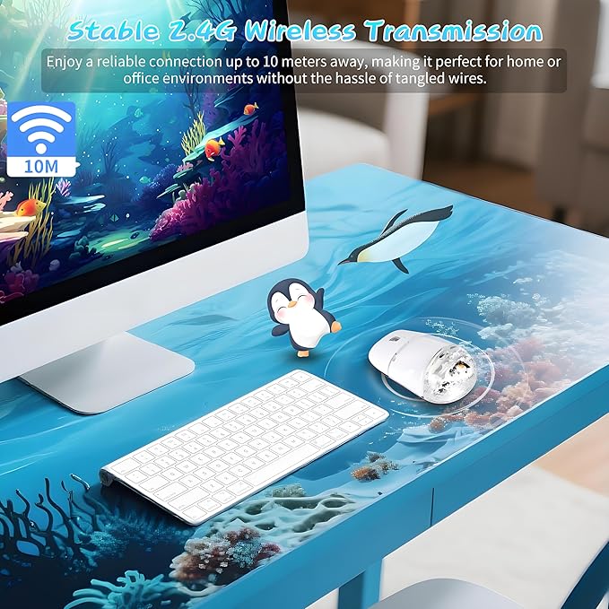 Wireless Mouse -Cute Clear Aqua Design, Water Mouse with Optical Precision, Silent Clicks, Lightweight & Floating Animal Transparent Retro Style for Home Office, Great for Kids & Adult(Penguin-White)