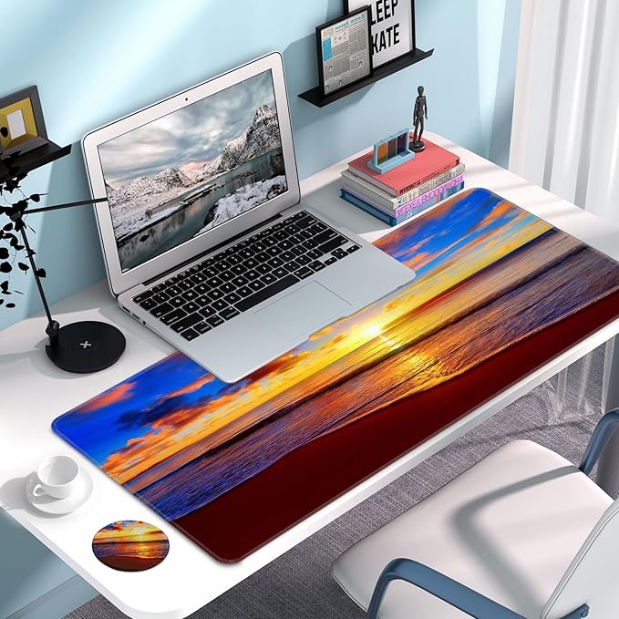 Large Gaming Mouse Pad with Coaster, Desk Matt for Desktop, Desk Pad, Mouse Pads Mat, Stitched Edges Big Extended Mousepad for Computer Keyboard Laptop Office Decor, 31.5'' x15.6''-Sunset Beach