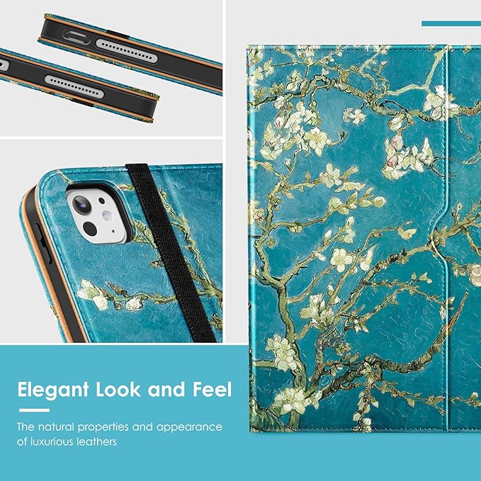 VIKESI Case for iPad Pro 13-inch M5 or M4 Released in 2025 or 2024, Leather Stand Cover with Apple Pencil Holder, Auto Wake/Sleep, Multiple Viewing Angles, Built in Hand Strap & Pocket,Blossom