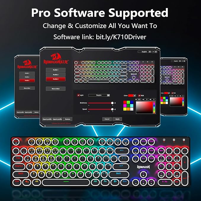 Redragon K710 Wireless Typewriter Style Mechanical Gaming Keyboard, Bluetooth/2.4Ghz/Wired, RGB Backlit, Rechargeable, Blue Switch - Clicky, Metal Panel, Round Keycaps, Black