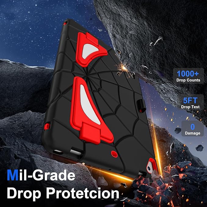 DreamerX Case for iPad 9th Generation (2021) / 8th Generation (2020) / 7th Gen (2019) 10.2 Inch, Cute Fully-Body Rugged Heavy Duty Shockproof Protective Cover with Stand Strap for Kids Boys, Black/Red