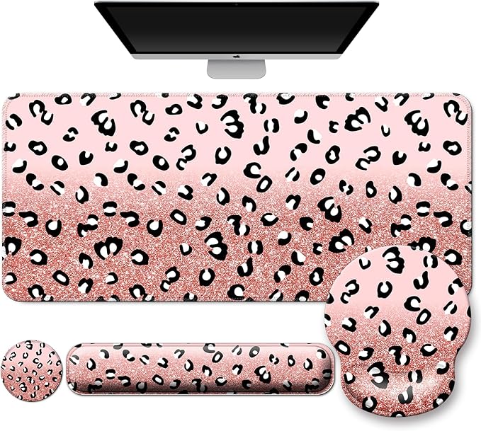 Mouse Pad + Desk Mat + Keyboard Wrist Rest + Coaster 4 in 1 Set, Cute Ergonomic Large Gaming Mousepad with Wrist Rest Support Desk Pad for Computer Laptop Office Home Decor-Glittery Leopards