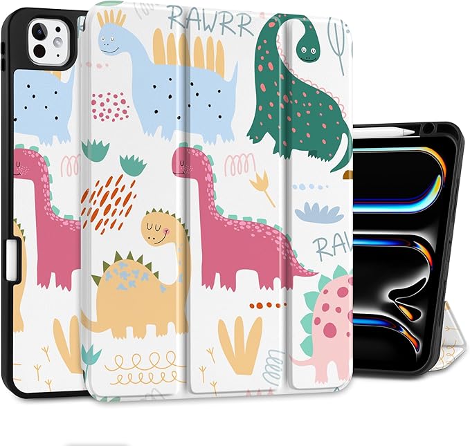 MEEgoodo Case for M5 iPad Pro 11 inch 2025/M4 iPad Pro 11 inch Case 2024, Tablet Cover with Trifold Stand & Pencil Holder & Auto Wake/Sleep & Soft TPU Back Cover, Cute Dinosaurs