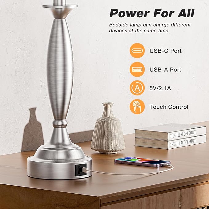 Seealle Touch Bedside Lamps for Nightstand Set of 2 - Bedroom Lamps with USB C+A, 3 Way Dimmable Nightstand Lamps, Brushed Nickel Table Lamps for Living Room (Bulbs Included)