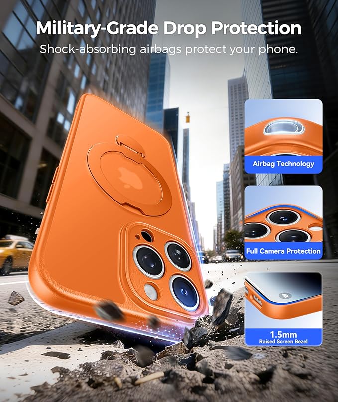 FNTCASE for iPhone 14 Pro-Max Case: [360 Spin Magnetic Stand] [Compatible with Magsafe] [Screen Protector] Translucent Matte Military Grade Shockproof Full Camera Protective Phone Cover - Orange