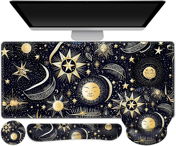 Gaming Mouse Pad, Large Desk Mat, Cute Desk Pad Protector, 4in1 XXL Mousepad + Keyboard Wrist Rest+Mouse Wrist Rest+Coaster Set with Ergonomic Desk Pad for Home Office PC Computer, Stars and Moon