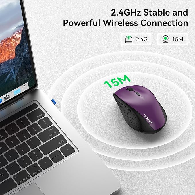 TECKNET Wireless Mouse, 2.4G USB Computer Mouse with 6-Level Adjustable 4800 DPI, 30 Months Battery, Ergonomic Grips, 6 Buttons Portable for PC, Chromebook, Mac - Purple