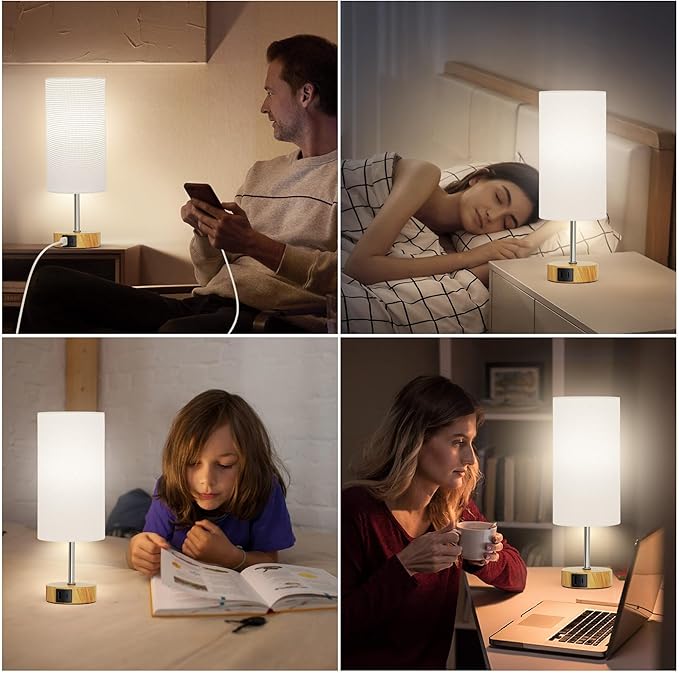ROTTOGOON 12.8" Touch Control Table Lamp, 3-Way Dimmable Small Bedside Nightstand Lamp with 2 USB Ports, Modern Table Lamp with 5000K Daylight LED Bulb for Living Room (2 Pack)