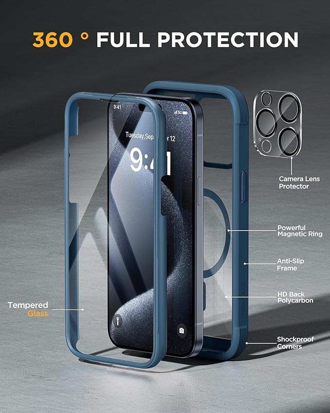 Miracase Magnetic for iPhone 15 Pro Max Case 6.7'' [Compatible with Magsafe] Full-Body Drop Proof Phone Case for iPhone 15 Pro Max with Built-in 9H Tempered Glass Screen Protector,Blue