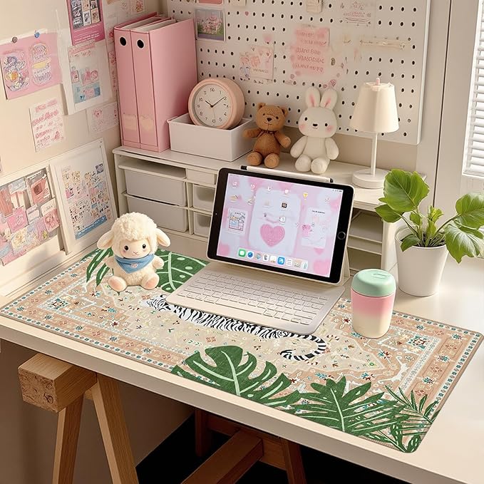 Baziabbo Cute Desk Mat,XXL Extended Large Mouse Pad,Gaming Mousepad with Stitched Edge,Non-Slip Rubber Base Keyboard Desk Pad for Home Office Study Game (Khaki Lion)