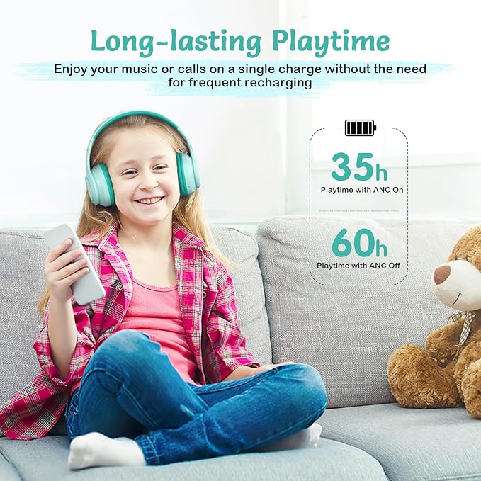TONOSHARK Kids Bluetooth Headphones with Active Noise Cancelling, Wireless Over-Ear Headphones for Boys Girls, Foldable, Adjustable,40H Playtime, Mic for School Travel (Mint Green)