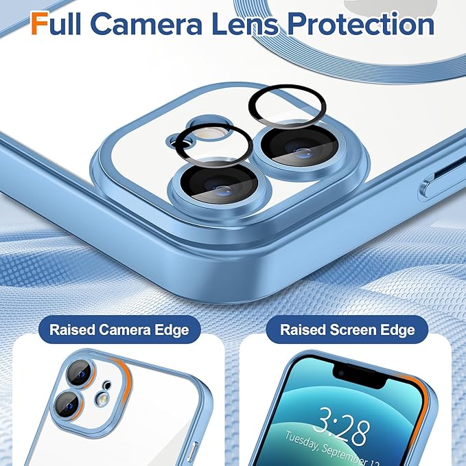 Hython Magnetic Clear for iPhone 12 Case with Camera Lens Protector [Compatible with MagSafe] Luxury Plating Edge Slim Soft TPU Cover Protective Phone Case for iPhone 12 6.1", Matte Light Blue