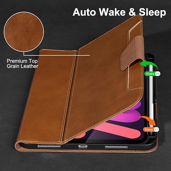 Gexmil Premium Leather Case for iPad mini 7 (A17 Pro) 2024 / iPad mini 6 Generation 2021 8.3 Inch,Pencil Holder, Magnetic Closure,Shockproof Cowhide Cover,Adjustable Stand,Yellow Brown