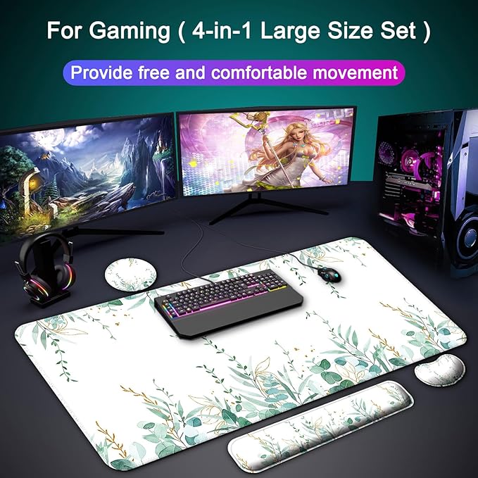 Keyboard Wrist Rest + Mouse Pad with Wrist Support + Desk Mat + Coaster 4 in 1 Set, XXL Large Gaming Mousepad Cute Ergonomic Mouse Pads for Desk Computer Laptop Office Decor-Eucalyptus