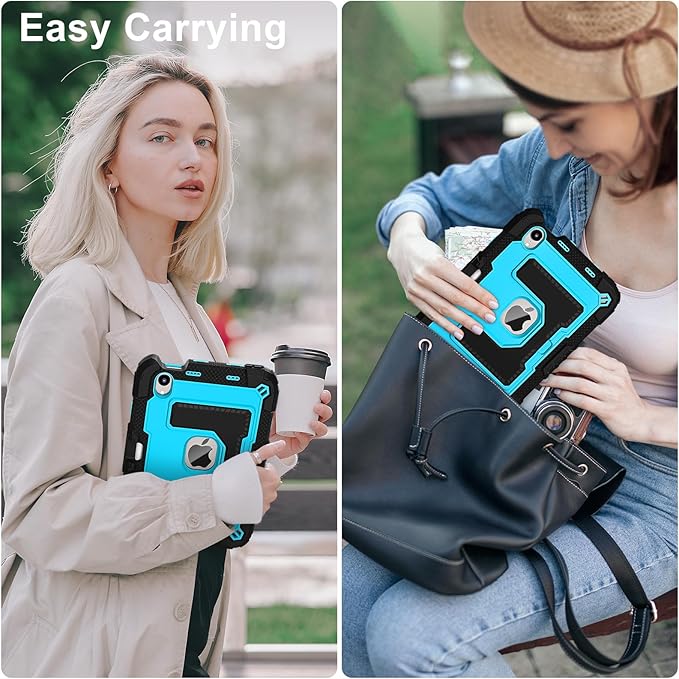 Kids Friendly Case for Apple iPad mini 7 A17 Pro 2024/iPad Mini 6 2021 8.3 Inch 7th/6th Gen Case with Pencil Holder & Shoulder Strap, Shockproof Kickstand Hard Shell Protective Cover,Black+Blue
