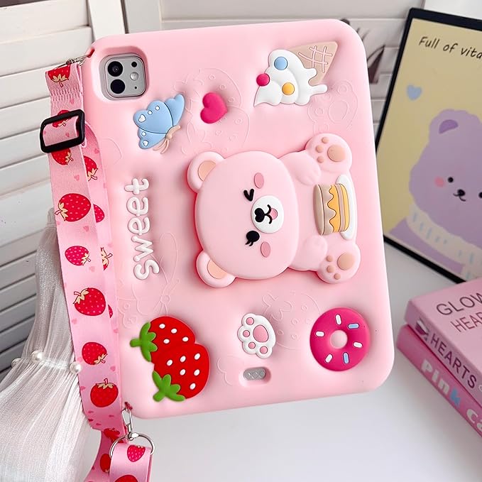 Girls Case for iPad Air 11 inch M3 (2025) / M2 (2024), iPad Air 5th/4th 10.9 inch(2022/2020), iPad Pro 11 inch(2024-2018),Cute Soft Silicone Shockproof Cover with Pencil Holder