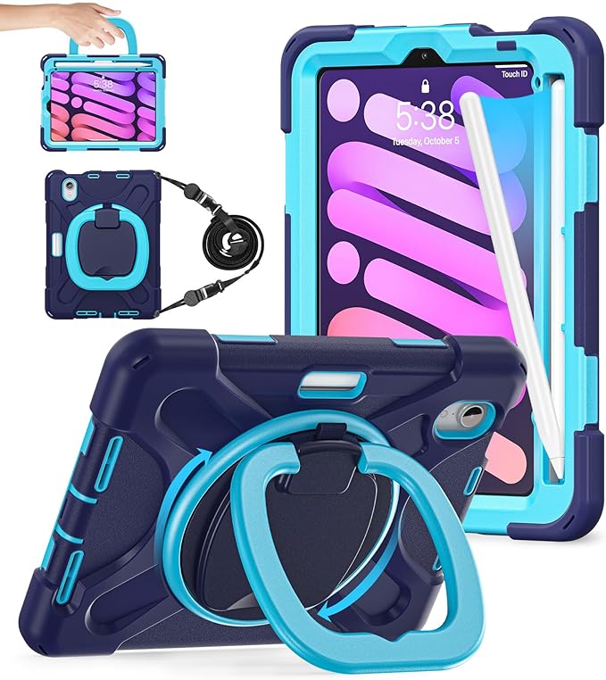 BATYUE Case for iPad mini 7 (A17 Pro) 2024/ iPad mini 6 (A15 Bionic) 2021 8.3 inch, Shockproof Case for iPad mini 7th/6th Gen with Pencil Holder/ 360° Swivel Stand/Shoulder Strap - Navy Blue