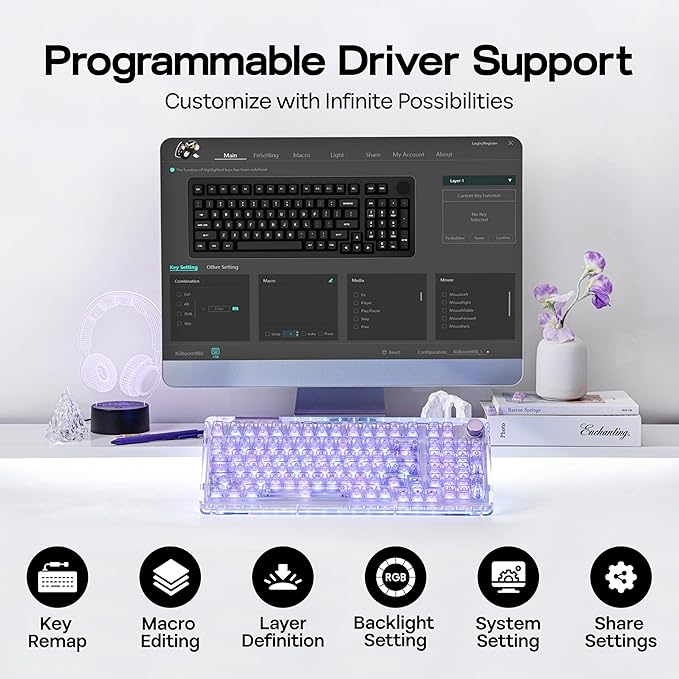 KiiBoom Phantom 98 Crystal Mechanical Gaming Keyboard, Transparent Keyboard with RGB Backlits, Hot-Swappable, Shine Through Clear Keycaps, 3 Modes Wireless, 8000mAh Battery, NKRO for Win/Mac (Purple)