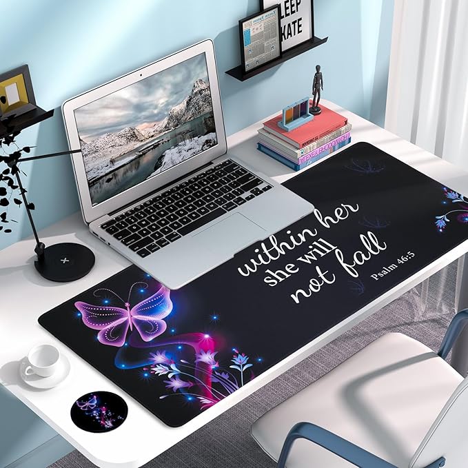 Large Gaming Mouse Pad with Coaster, Desk Matt for Desktop, Desk Pad, Mouse Pads Mat, Stitched Edges Big Extended Mousepad for Computer Keyboard Laptop Office Decor, 31.5'' x15.6''-Purple Butterfly