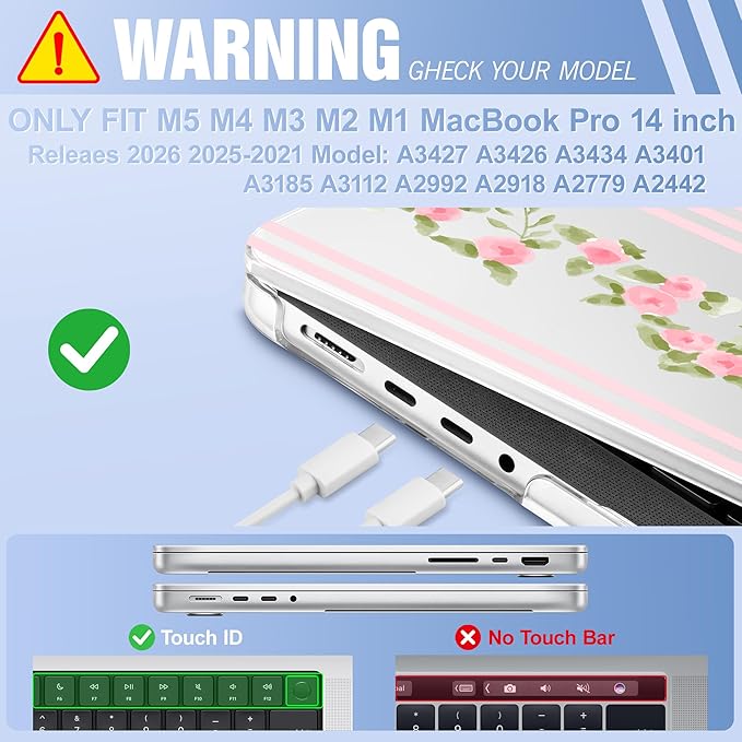 May Chen for 2026 MacBook Pro 14-inch M5 M4 M3 M2 M1 Pro/Max Chip, Release 2026 2025-2021, Model A3427 A3426 A3434 A3112 A3401 A3185, Plastic Hard Shell with Keyboard Cover, Flora l& Stripes