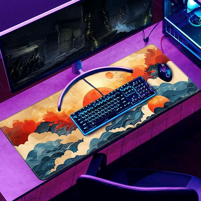 Desk Mat Red and Gold Blue Wave Decor Large Keyboard Sun Mouse Pad for Laptop Pc Setup Desk Cover Protector Desk Décor for Office Home Work Gaming 31.5" X 11.8" Stitched Edge Non-Slip Design