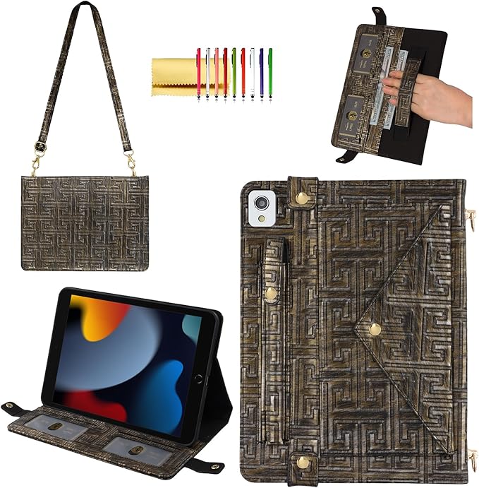 Handbag Case for iPad 9th 8th 7th Gen 10.2"/iPad Pro 10.5/iPad Air 3 2019 - Techcircle Vintage Pattern Crossbody Folio Stand Wallet Case with Pencil/Card Holder, Hand Grip/Shoulder Strap, Retro Bronze