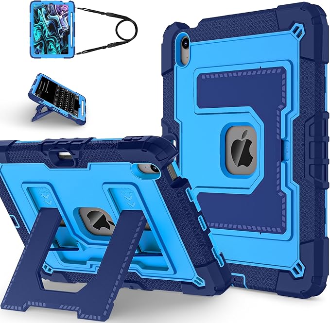 Kids Friendly Case for iPad Air 11 Inch M4 M3 M2 2026/2025/2024 Case with Pencil Holder & Shoulder Strap, Military Grade Shockproof Kickstand Hard Shell Protective Cover,Blue