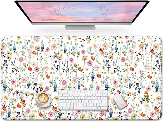 Large Mouse Pad for Desktop, Cute Desk Mat Pad Protector for Work & Gaming, Aesthetic Pretty Anti-Slip Laptop Blotter Cover for Office School Home Supplies, Wildflowers, 35.4" x 15.7"
