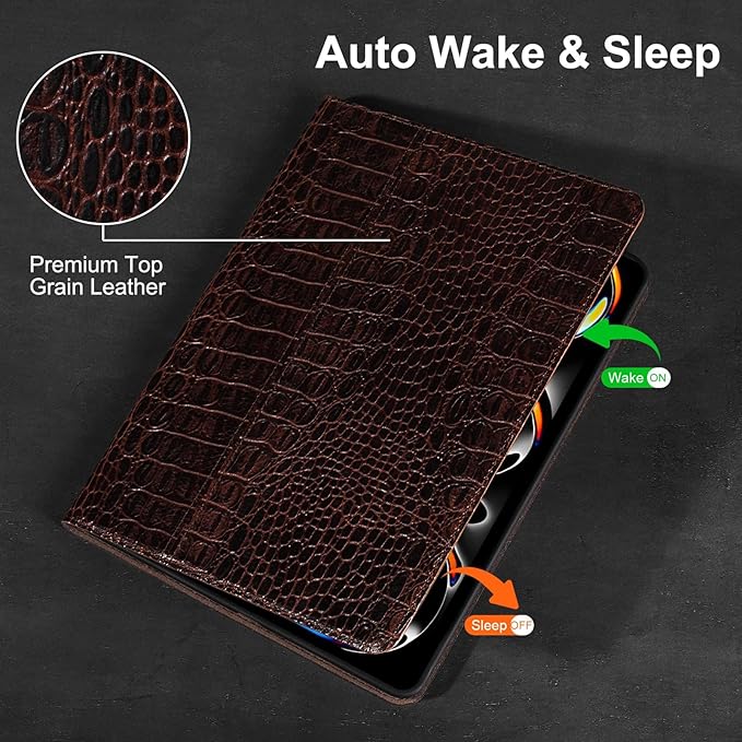 Gexmil Genuine Leather Case for iPad Pro 13 Inch (M5/M4) 2025/2024 with Pencil Holder,Protective Shockproof Smart Leather Folio Cover Adjustable Stand Auto Sleep/Wake Anti-Slip,Brown Crocodile