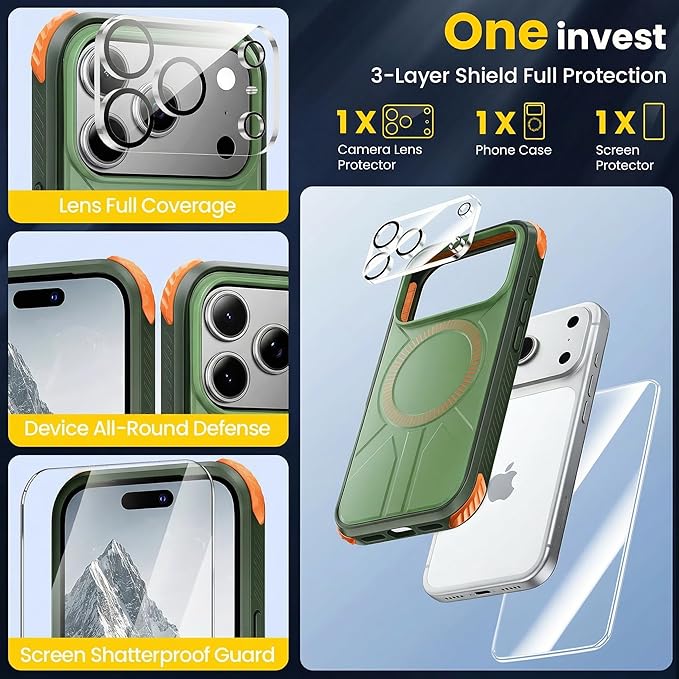 3 in 1 for Heavy Duty iPhone 17 Pro Max Case with Screen Protector & Camera Lens Protector ,7X Military-Grade Drop Protection ,Fits MagSafe ,Rugged & Slim shockproof Case for iPhone 17 Pro Max ,Green
