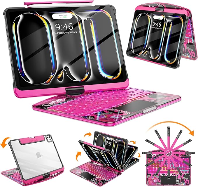 SIBEITU Keyboard Case for iPad Pro 11 Inch (M5 2025 / M4 2024), 360 Rotatable iPad Pro 11 Clear Cover with Multi-Touch Trackpad, 7-Color Backlight & 3 Brightness, High-Tech Visible PCB Design, Pink
